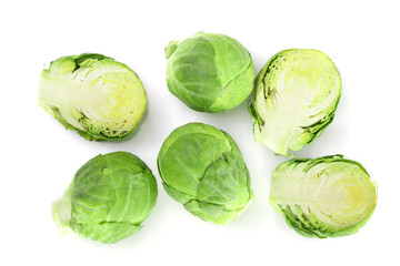 Brussels sprouts isolated on white background closeup. Top view. Flat lay