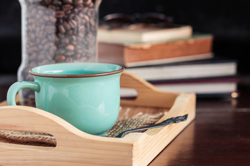 cup of coffee on the desk.