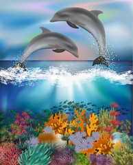 Obraz premium Tropical underwater background with Dolphins , vector illustration