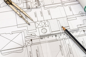 Engineer's drawing with different tools, top view