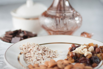 still life with nuts, fruits and chocolate