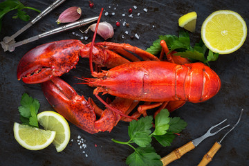 Whole red lobster with fresh parsley, slices of lemon, garlic, salt and pepper beans. Overhead view with plenty of copy space for your text