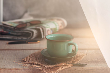 Cups of coffee on wooden.