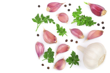 garlic with peppercorns and parsley isolated on white background with copy space for your text. Top...