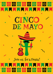 Stylish cinco de mayo fiesta invitation poster template. Festive yellow design with bunting flags. Funny cactus in sombrero with guitar and jalapeno for national mexican holiday on cinco de mayo.