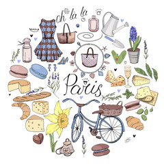 Circle made of different symbols related to France, travelling and Paris. Blue and brown color. Round template for greeting cards isolated on white