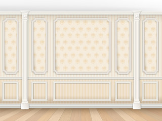 Luxurious classic interior in classical style with moldings and pilasters. Wallpaper on the walls in the damask pattern. Interior background. Vector realistic illustration.