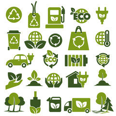 Environment protection and recycling themed green icons set