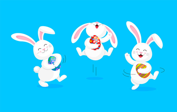 White rabbit holding Easter egg, jumping and dancing . Cute bunny. Happy Easter day, cartoon character design. Illustration isolated on blue background.