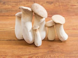 Fresh cultivated Eringi mushrooms on the rustic wooden surface