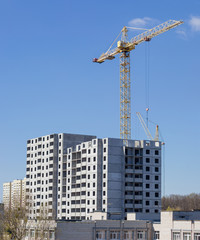 Fototapeta na wymiar Multistory house under construction and tower crane against the sky