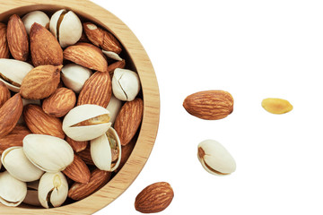 Almond in bowl on white background.