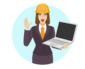 Businesswoman holding a laptop notebook and greeting someone with his hand raised up