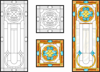 Abstract geometric floral pattern in a rectangular and square frame / Colorful stained glass window in classic style for ceiling or door panels, Tiffany technique. Vector set - obrazy, fototapety, plakaty