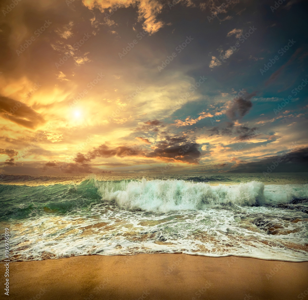 Wall mural beautiful tropical sea view under sunset sky at sri lankain beac