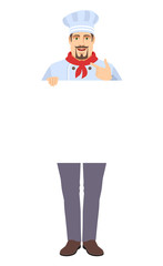 Self promotion. Chef holding white blank poster pointing the finger at yourself.