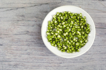 A heap of sprouted mung beans in white plate.