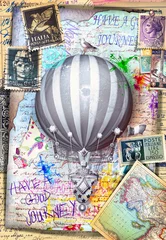 Gordijnen Vintage collages, ansichtkaarten en manuscripten met postzegels en luchtballon © Rosario Rizzo