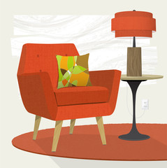 Swanky retro living room scene with orange mid-century modern lounge chair, table and lamp. Flat style with perspective, minimal detail, texture and shadow.