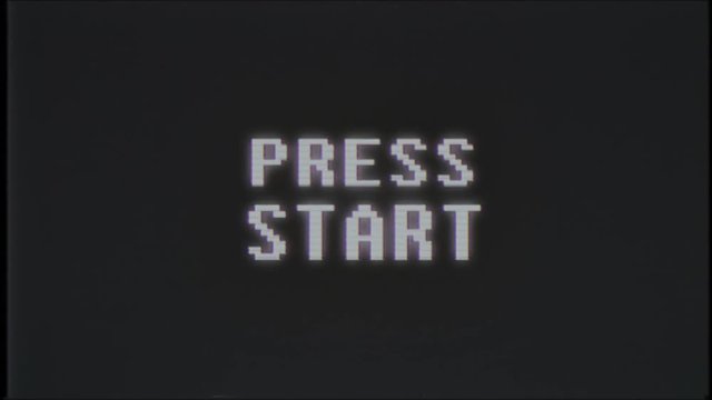retro videogame PRESS START text computer old tv glitch interference noise screen animation seamless loop New quality universal vintage motion dynamic animated background colorful joyful video