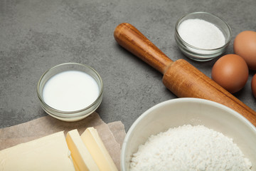 Close-up, homemade butter, flour and eggs for dough.