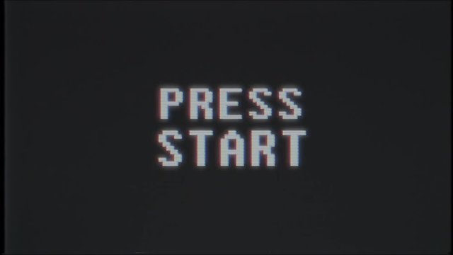 retro videogame PRESS START text computer old tv glitch interference noise screen animation seamless loop New quality universal vintage motion dynamic animated background colorful joyful video