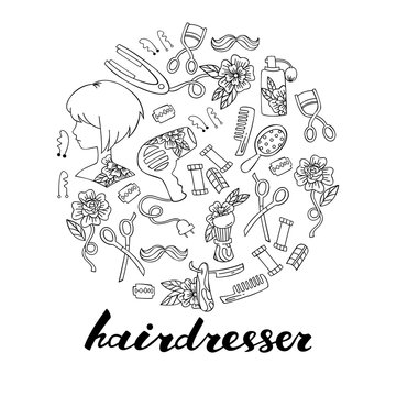 Set of Lettering and Hairdressers Elements: Scissors, Combs, Hair Dryer and etc.