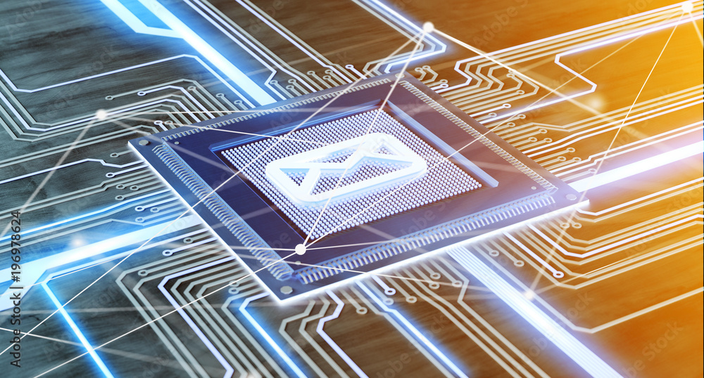 Poster cpu processor chip with a message and network connection on a circuit board - 3d render