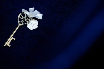 Old vintage key in satin cloth background