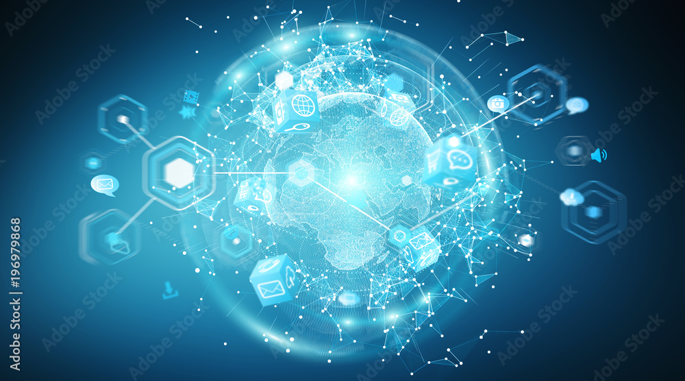Poster Connections system global world view 3D rendering
