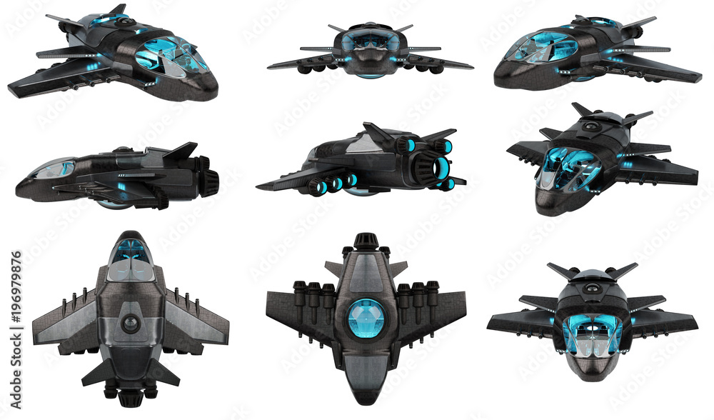 Poster Futuristic spacecraft collection isolated on white background 3D rendering