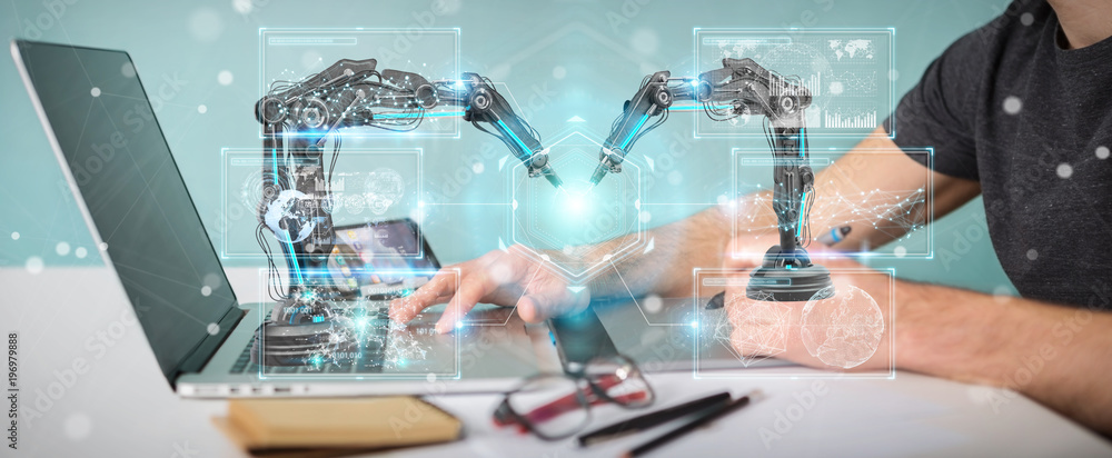 Poster graphic designer using robotics arms with digital screen 3d rendering