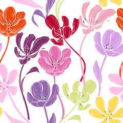Floral seamless pattern with colorful tulips on a white background. Vector illustration. Abstract nature background.