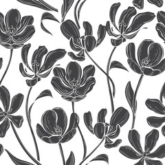 Floral seamless pattern with tulips. Black and white vector illustration. Silhouettes on a white background.