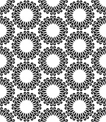 Vector seamless pattern. Stylish textile print with abstract black flowers. Oriental floral fabric background. Hexagonal monochrome swatch.
