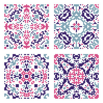 Set of 4 seamless patterns american indian style. Embroidery schemes for small pillow. Dotted navajo backgrounds. Textile geo prints.