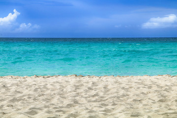 Summer landscape: Sandy beach, ocean and blue sky