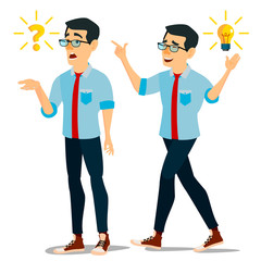 Problem Concept Vector. Thinking Man. Problem Solving. Question Mark, Light Bulb. Creative Project Idea. Issue, Trouble. Isolated Flat Cartoon Illustration