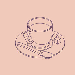 Vector illustration thin line sketch with 3D coffee cup n isometric flat style