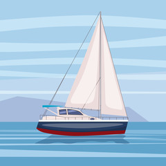 Sailing boat floating on water surface. Vector color illustration. Isolated. Cartoon style