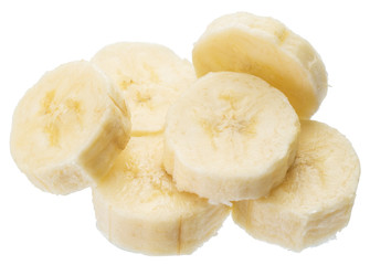 Fototapeta na wymiar Peeled banana slices on the white background.