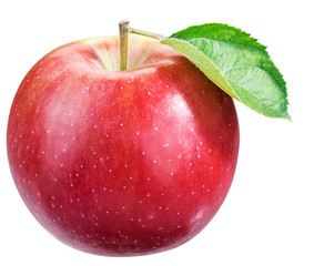 Ripe red apple with leaf.