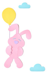 Rabbit holding balloon paper cut on white background - isolated