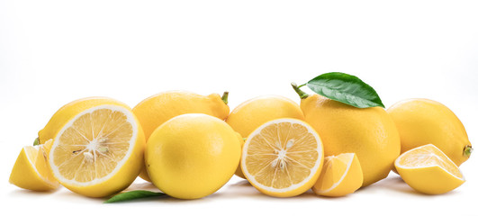 Lot of lemon fruits with lemon leaf isolated. Horizontal photo.