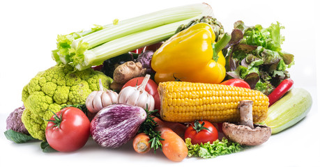 Group of colorful vegetables on white background. Close-up.