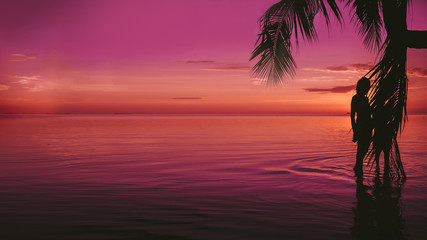 Silhouette of a woman, palm trees, a background of a purple sunset