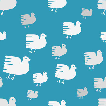 Flying pigeon. Funny cartoon birds seamless pattern over blue background. Vector illustration.