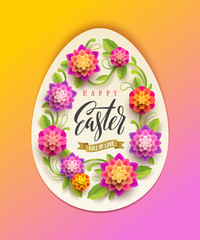 Easter greeting card - egg-shaped paper banner with floral frame and calligraphic greeting. Vector illustration.