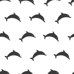 Funny cartoon vector dolphin fish seamless pattern over white background. Black and white background. Marine texture.