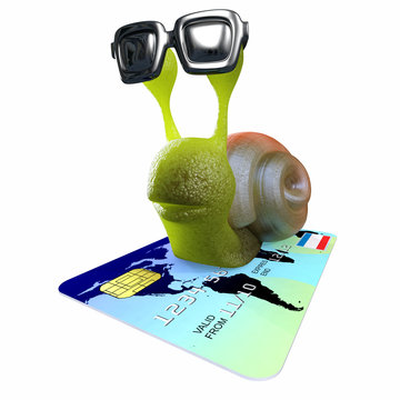 3d Funny cartoon snail character flying on a debit card